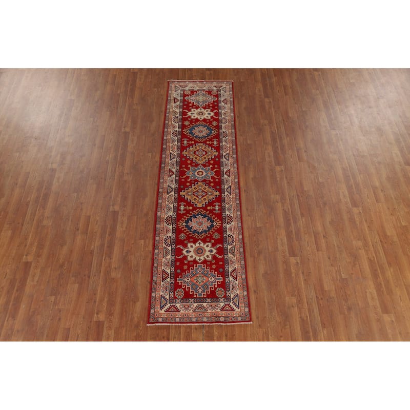 Geometric Red Kazak Oriental Runner Rug Hand-Knotted Wool Carpet - 2'7" x 9'4"