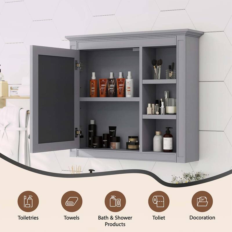 30'' x 28'' Wall Mounted Bathroom Storage Cabinet with Mirror,Modern Design,3 Open Shelves,and Concealed Storage