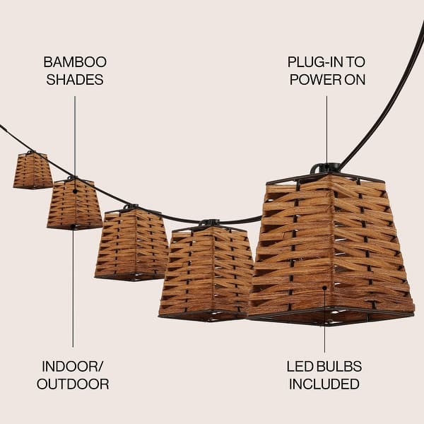 dimension image slide 1 of 2, Samara 10-Light Indoor/Outdoor 10 ft. Classic Vintage Incandescent G40 Square Bamboo Shaded String Lights, Brown , by JONATHAN Y