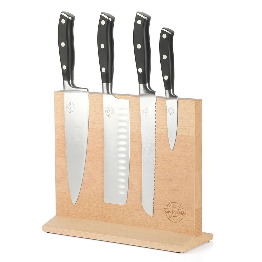 Sur La Table Kitchen Essentials 5 Piece German Steel Blade With Triple Riveted Handle Set on Beechwood Magentic Block