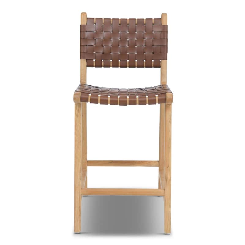 Poly and Bark Banda Teak & Leather Counter Height Stool - Solid Wood Frame - Molten Brown