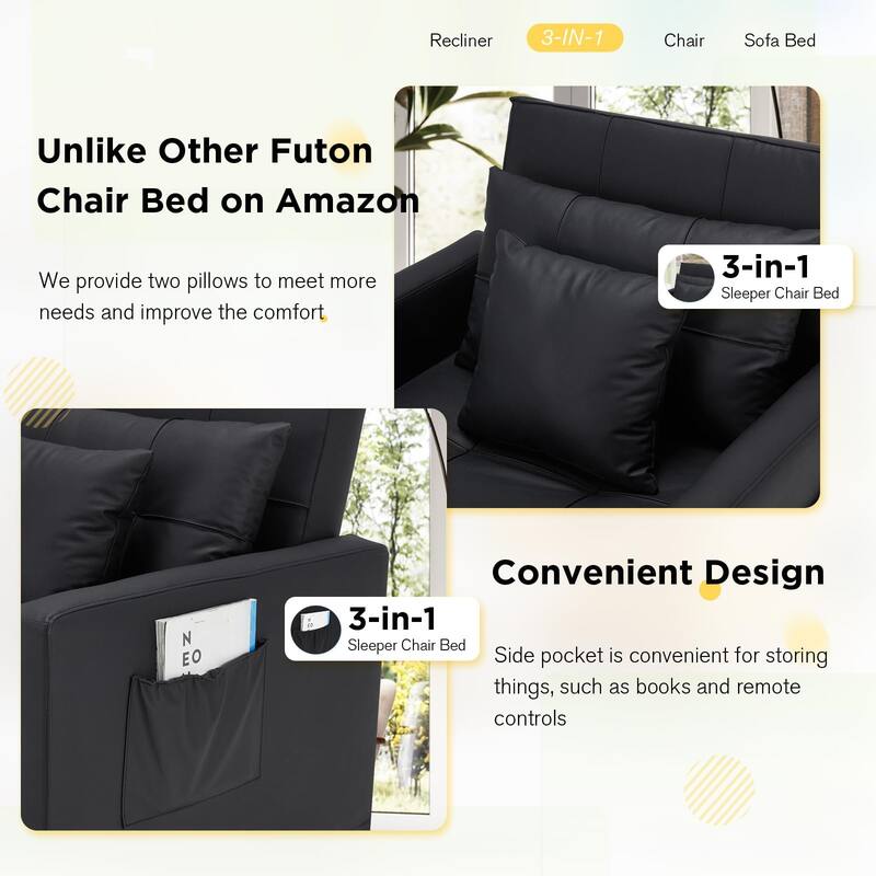 AECOJOY Adjustable Sleeper Chair Bed 3-in-1 Convertible Futon Sofa