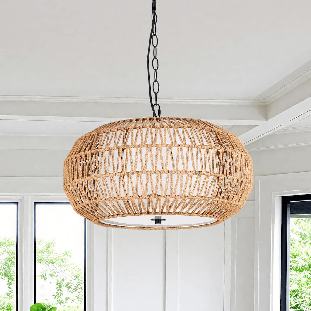 4-Light Bohemian Rattan Woven Dimmable Chandelier - Natural