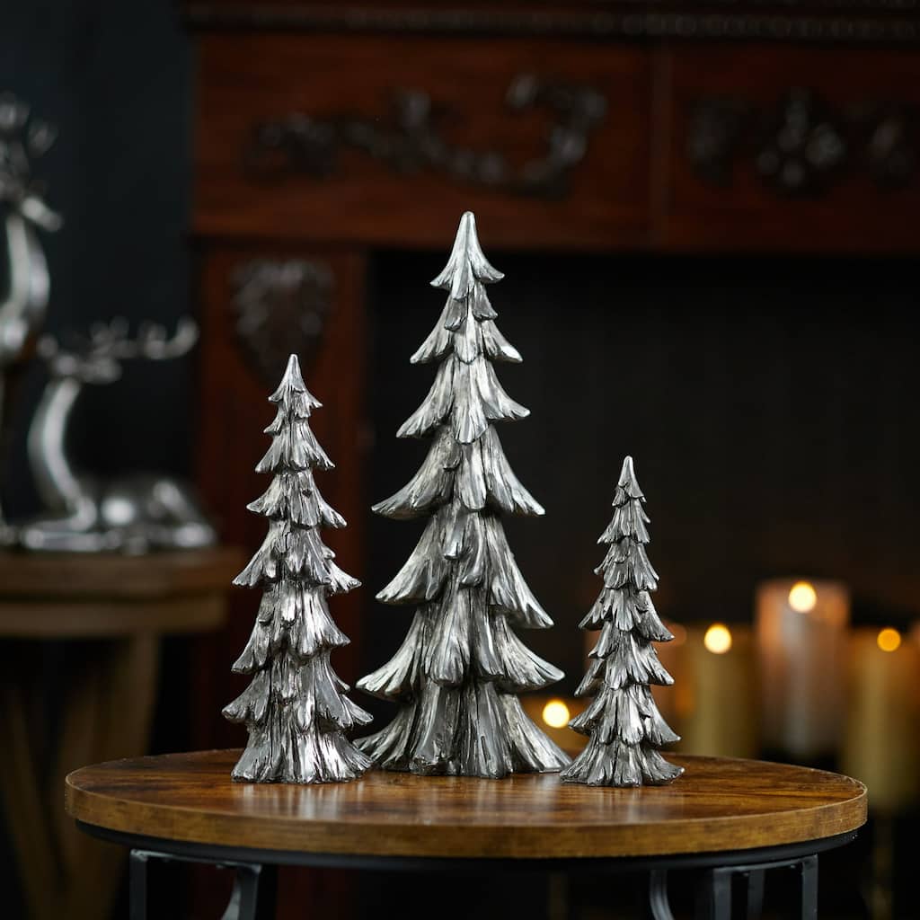 Tiered Pine Christmas Tree Decorations - 13.5" - Silver and Black - Set of 3