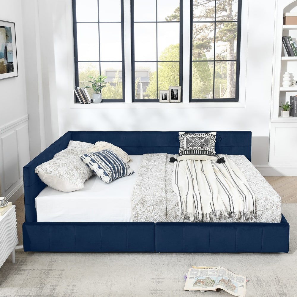 Queen Size Tufted Upholstered Daybed with 2 Drawers, Velvet Fabric Queen Sofa Bed Frame with L Shaped Backrest and Armrests