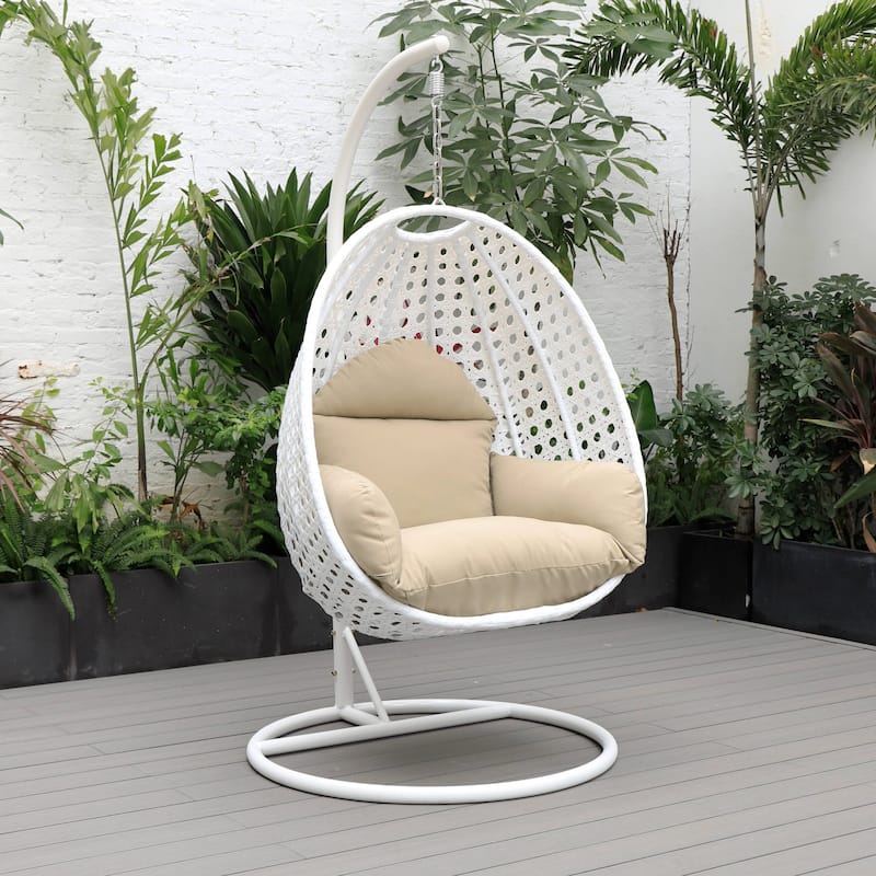 Patio Hanging Egg Swing Chair with White Wicker Shell and Iron Frame for Indoor Outdoor Patio Porch Garden Backyard