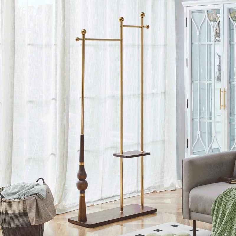 70" Tall Industrial Coat Rack for Entryway, Solid Wood & Stainless Steel, Double Layer Hanging Rack - Dark Brown