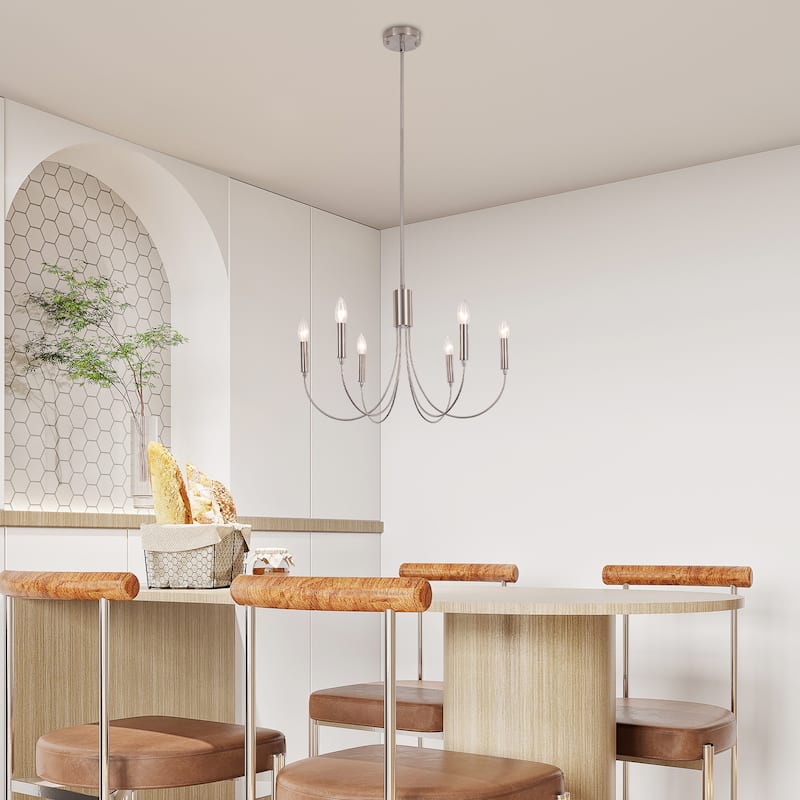 6-Light Modern Chandelier, Farmhouse Chandelier, Candle Style Chandelier for Dining Living Room Kitchen Island - 23.62"Dx8.86"H - Nickel