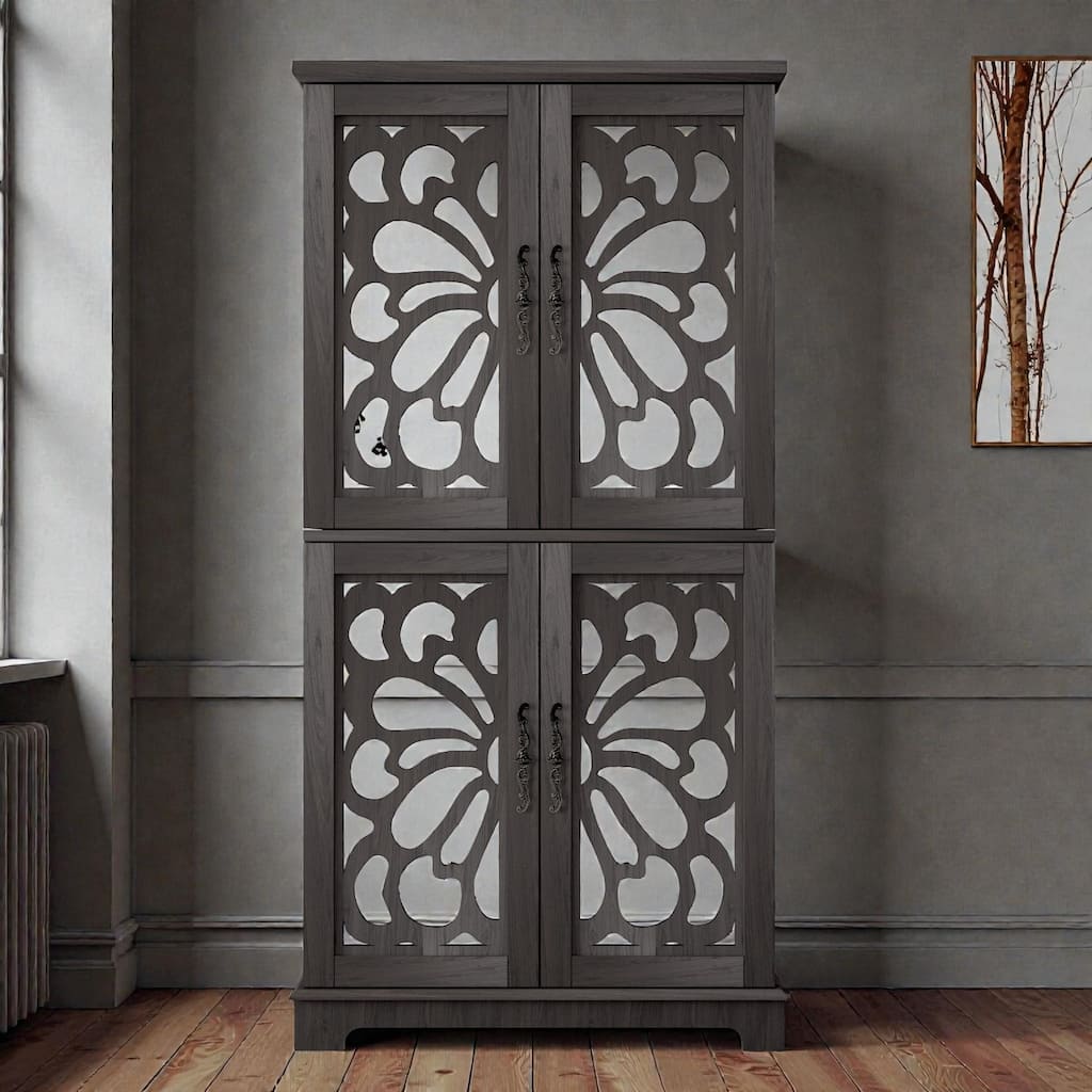 Tall Display Sideboard Buffet with 4 Acrylic Mirrored Doors, Adjustable Shelves Storage Cabinet for Kitchen