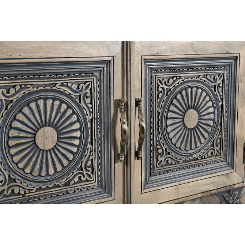 HomeRoots 102" Natural And Black Distressed Solid Wood Carved Geometric Four Drawer Sideboard