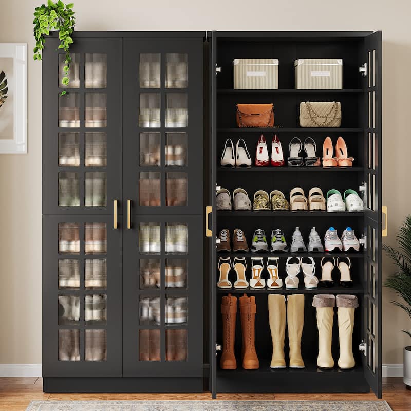 9-Tier Modern Shoe Storage Cabinet with Doors and Adjustable Shelves - 2-Piece (Black)