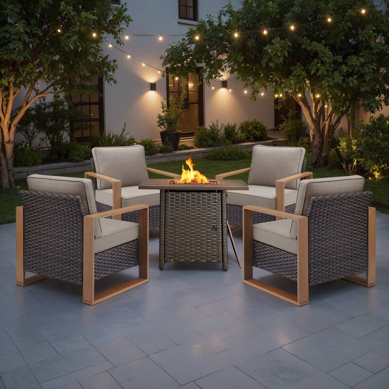 Meyreso 5-Piece Wicker Patio Conversation Set with Fire Pit & Plush 4.5" Olefin Cushions - Brown Wicker - Beige Cushions