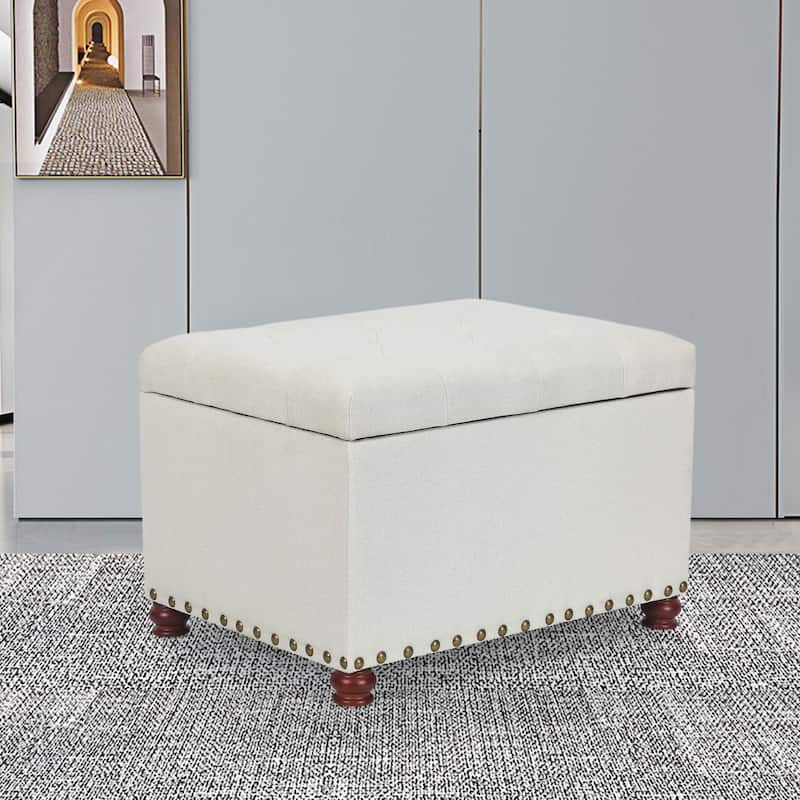Adeco Storage Ottoman Tufted Linen Wood Bench with Nails