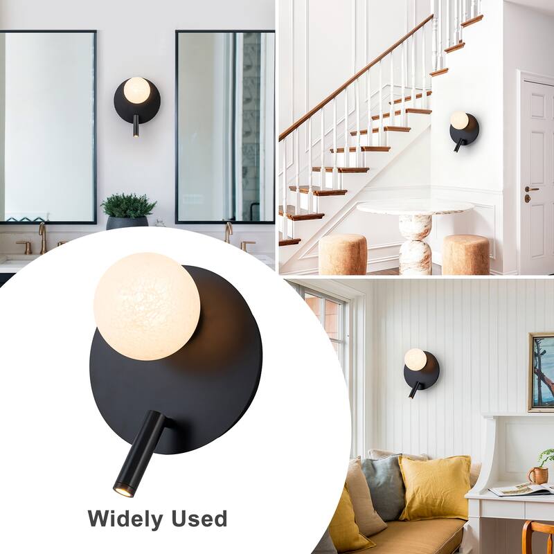 Black Dual-Light Wall Sconce with Textured Moon Glass Globe Modern