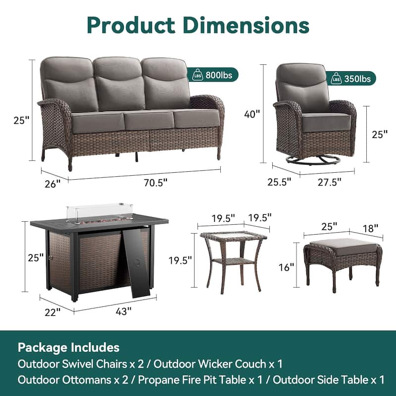 Pocassy Outdoor Sofa Swivel Chair and Ottman with 43in Fire Pit Table