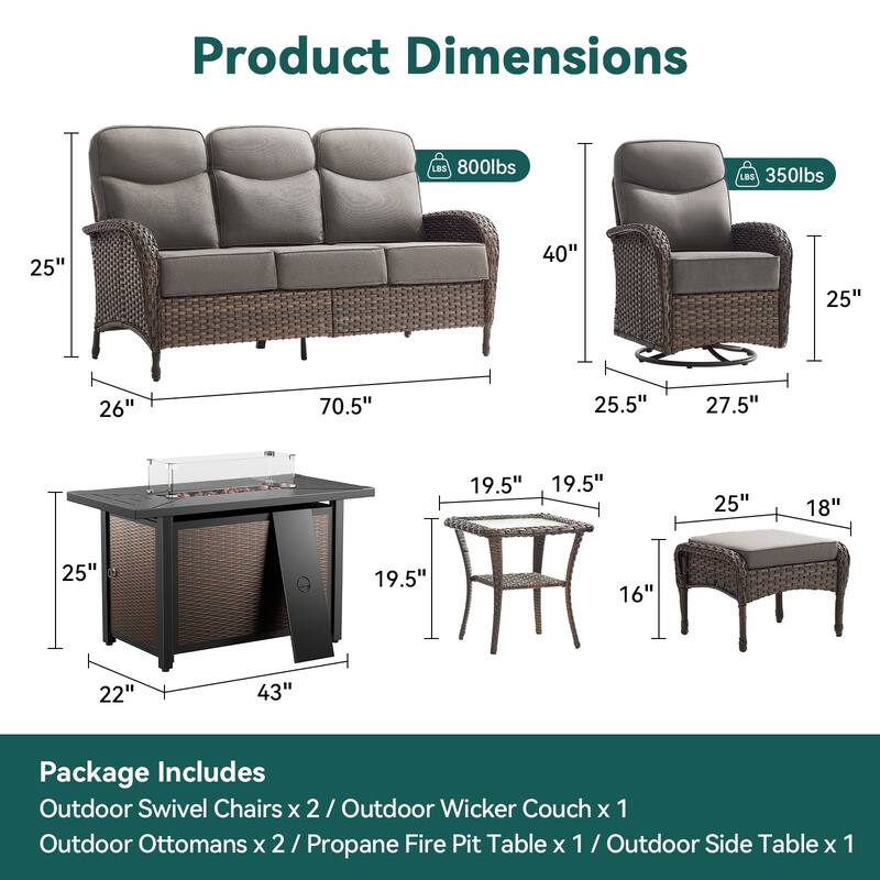 Pocassy Outdoor Sofa Swivel Chair and Ottman with Fire Pit Table