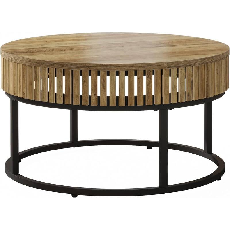 31.5 Inches Brown Engineered Wood/ Metal Coffee Table, Round Farmhouse Center Table