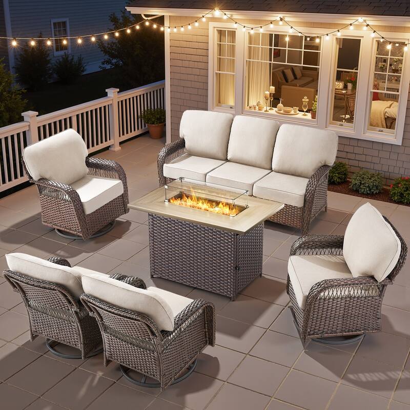Pocassy Patio Sofa Ottoman Swivel Chair Table with Fire Table Set. - Brown Wicker Beige Cushion - 6-Piece Sofa Swivel Chair w/ Fie Pit Table