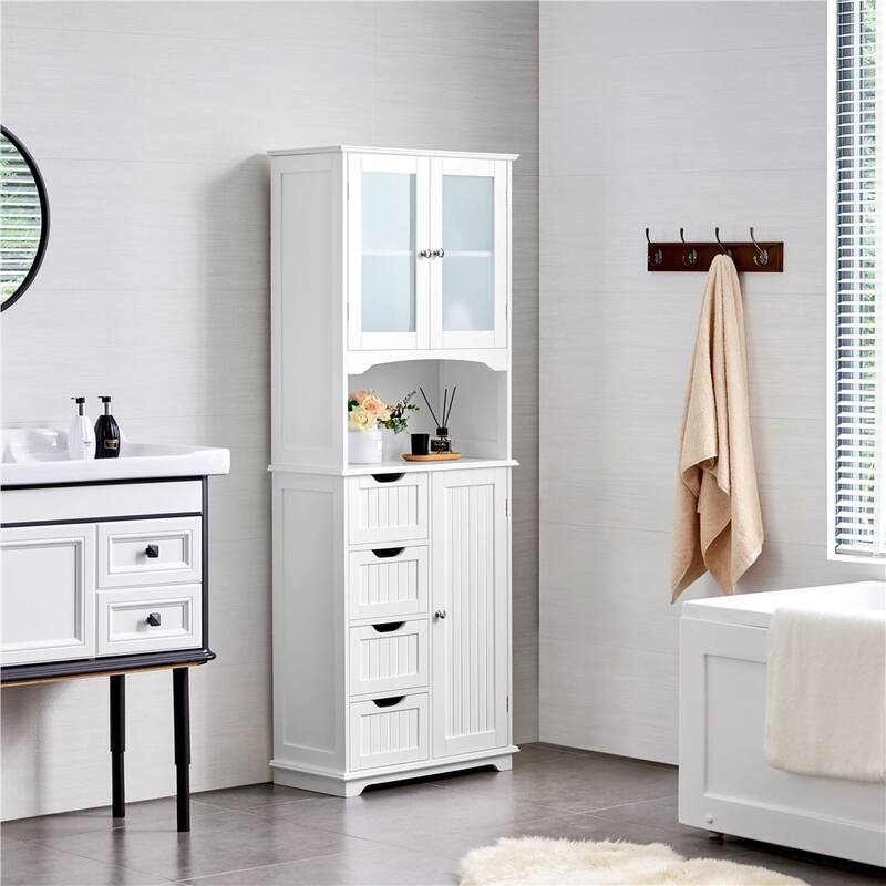 Yaheetech Bathroom Storage Cabinet Cupboard with Glass Door, White - N/A - White