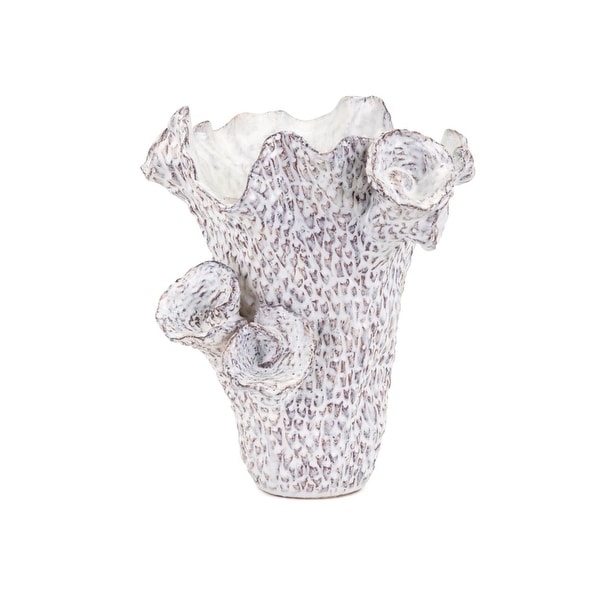 Distressed Ceramic Vase with Flower Accents, Small, White and Beige