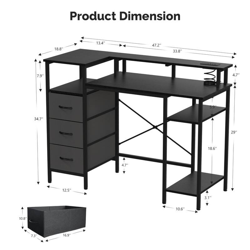 47'' Computer Gaming Office Desk with Charging Station , Storage Drawers, Versatile Writing Work Desk for Home Office Study