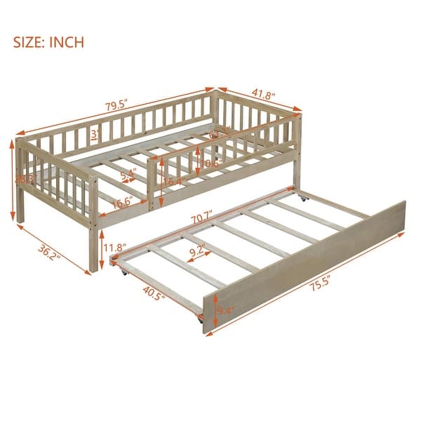 Natural Twin Size Daybed with Trundle, Twin Bed with Fence Guardrails