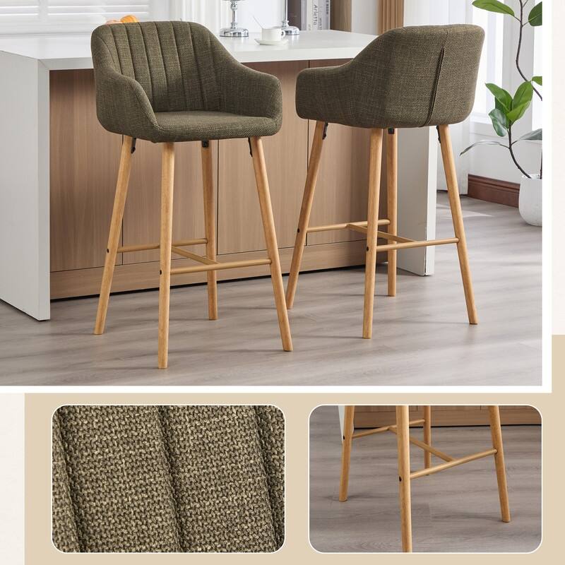 Linen Upholstered Ergonomically Designed Solid Wood Leg Tall Bar Stools(set of 2)