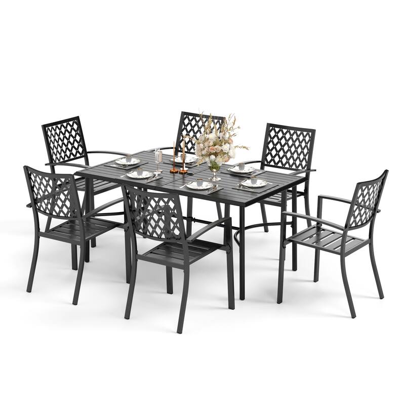 MAISON ARTS 7-Piece Metal Patio Dining Set With 1 Rectangular Table & 6 Stackable Dining Chairs