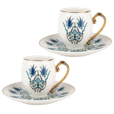 Karaca Tulip Gold Rim Coffee Porcelain Cup Set for 2