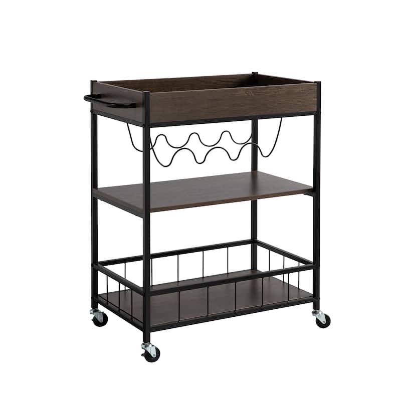 "Brown & White Kitchen Cart with 3-Tier Storage, Four Wine Bottle Rack, and Locking Wheels"