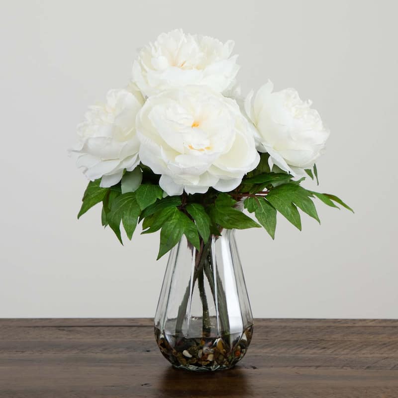 Peony Floral Arrangement with Glass Vase - 16" - White and Green