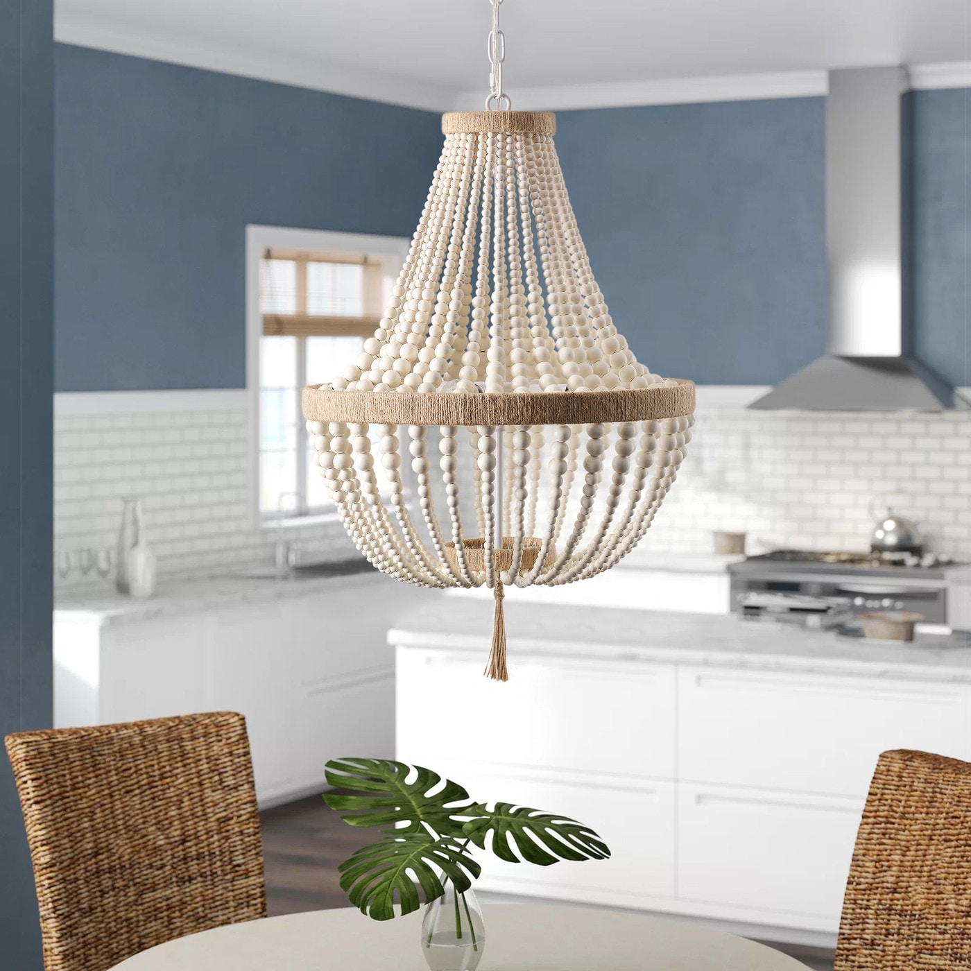 Retro Vintage 4 Light Wood Beaded Pendant Bohemian Home Decor for Kitchen Island Off White