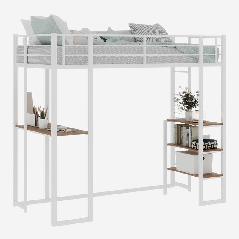 Iron frame bed with bed and table with stairs on both sides