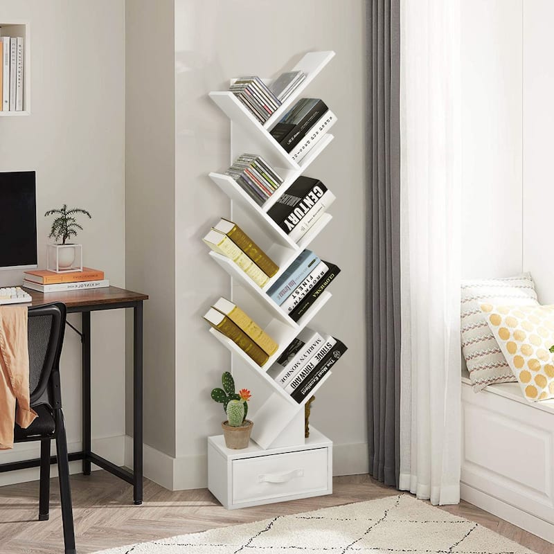59" Tall Tree Design Bookshelf with 10 Open Shelves and Fabric Drawer for Small Spaces - 15'' x 8.5'' x 59'' (L x W x H)