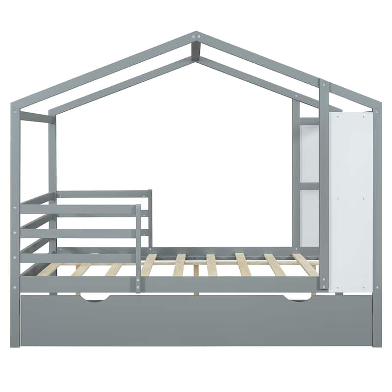 Wood House Bed with Fence and Writing Board