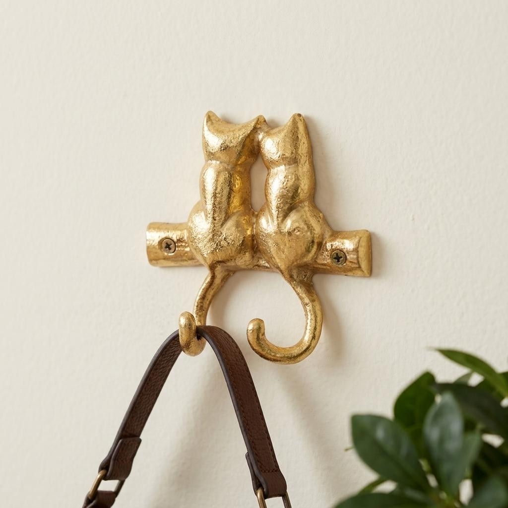 HomeRoots Two Hook 5" Gold Cast Iron Cats Wall Hooks - 4.75 in. x 4.75 in. x 1.25 in.