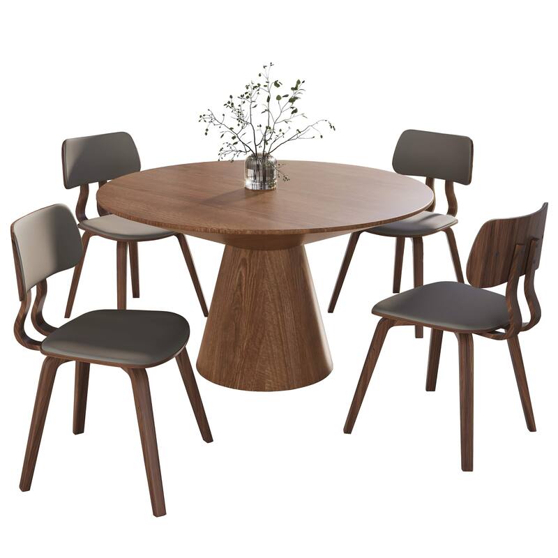 5-Piece Dining Set with 47-Inch Round Ash Wood Dining Table and 4 Leather Accent Side Chairs - Walnut/Light Grey