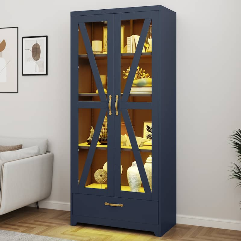 Moasis Metal Bookcase Display Cabinet with Adjustable Shelves & Drawer - Blue