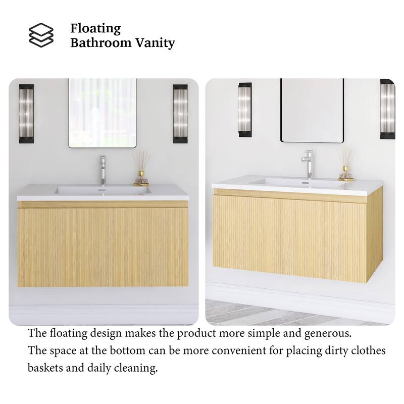 Floating Bathroom Vanity in Yellow Oak with Integrated Resin Top