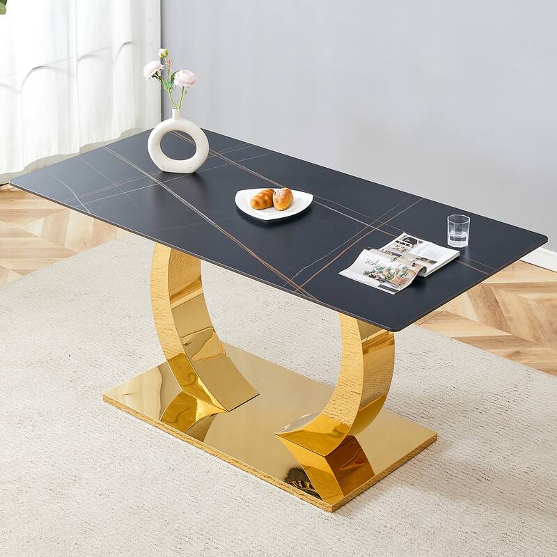 Roomfitters 63" Sintered Stone Dining Table with Black Marble Texture and Gold Metal Legs, Rectangular, Black - Black