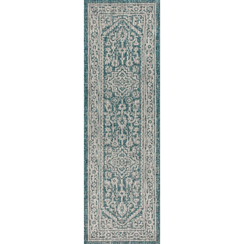 JONATHAN Y Rozetta Medallion Textured Weave Indoor/Outdoor Area Rug - 2 X 8 - Teal Blue/Gray