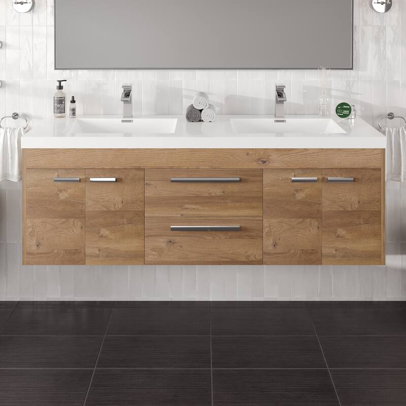 Lugano 60 in. Natural Oak Wallmount DS Bath Vanity with Integrated Acrylic Sinks