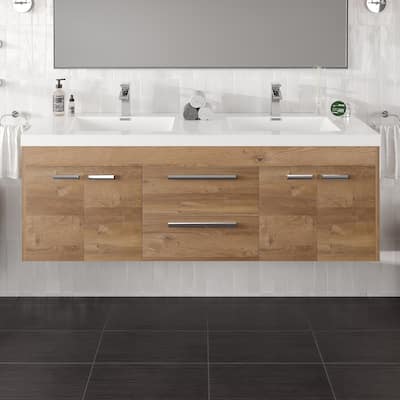 Lugano 60 in. Natural Oak Wallmount DS Bath Vanity with Integrated Acrylic Sinks