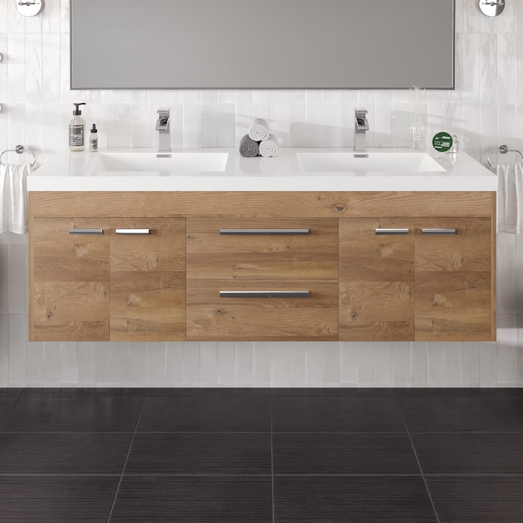 Lugano 60 in. Natural Oak Wallmount DS Bath Vanity with Integrated Acrylic Sinks