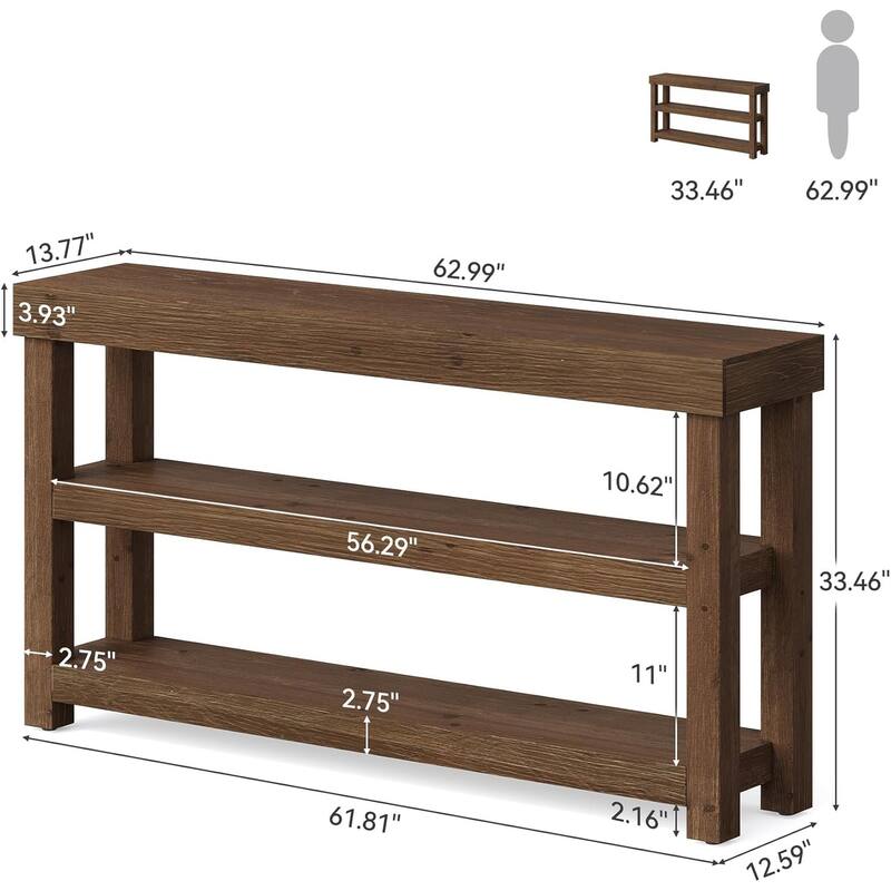 3 Tier Solid Wood Entry Console Table, 63-Inch Narrow Sofa Table Behind The Couch with Storage Shelves