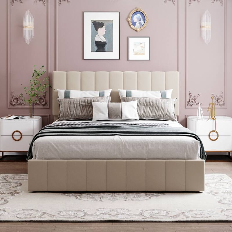 Mordern Upholstered Platform bed with a Hydraulic Storage System - Beige - Queen