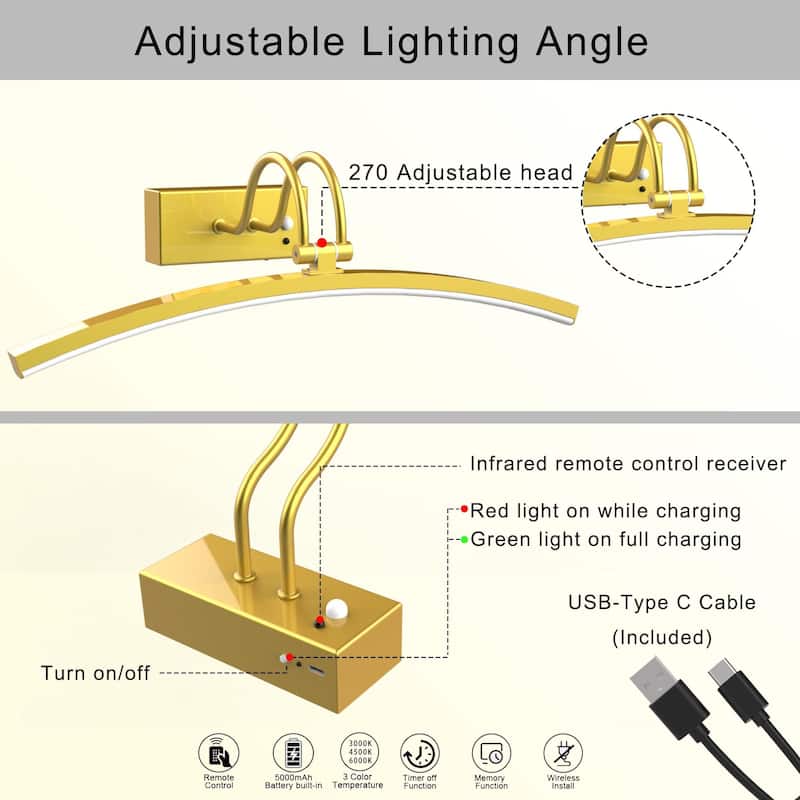 Modern 16'' Wireless Battery Operated Dimmable Picture Light with Remote Control and Adjustable Arm