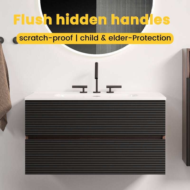 GDFStudio - Gloria Modern Wall-Mounted Floating Bathroom Vanity with Integrated Ceramic Basin & Soft-Close Drawers