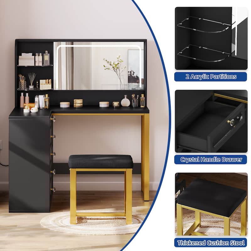Moasis 48" L Shaped Makeup Vanity Set 5 Drawers with Lighted Mirror and Stool