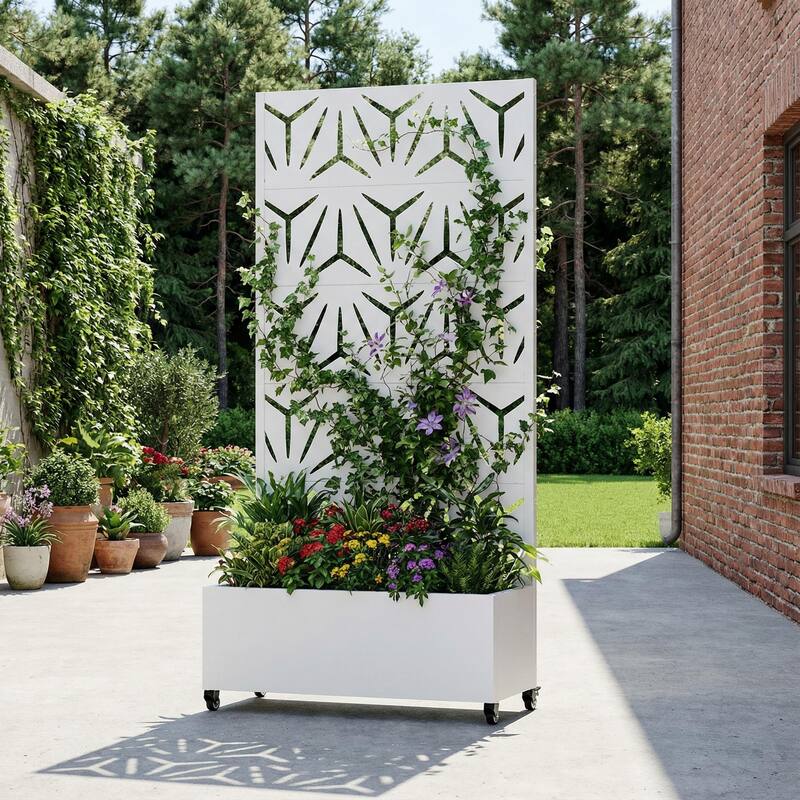 Metal Galvanized Planter Box with Trellis Privacy Screen Lockable Wheels - White-Rectangle - 72"x35"